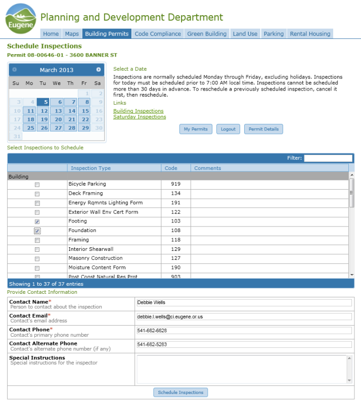 Scheduling inspections screen